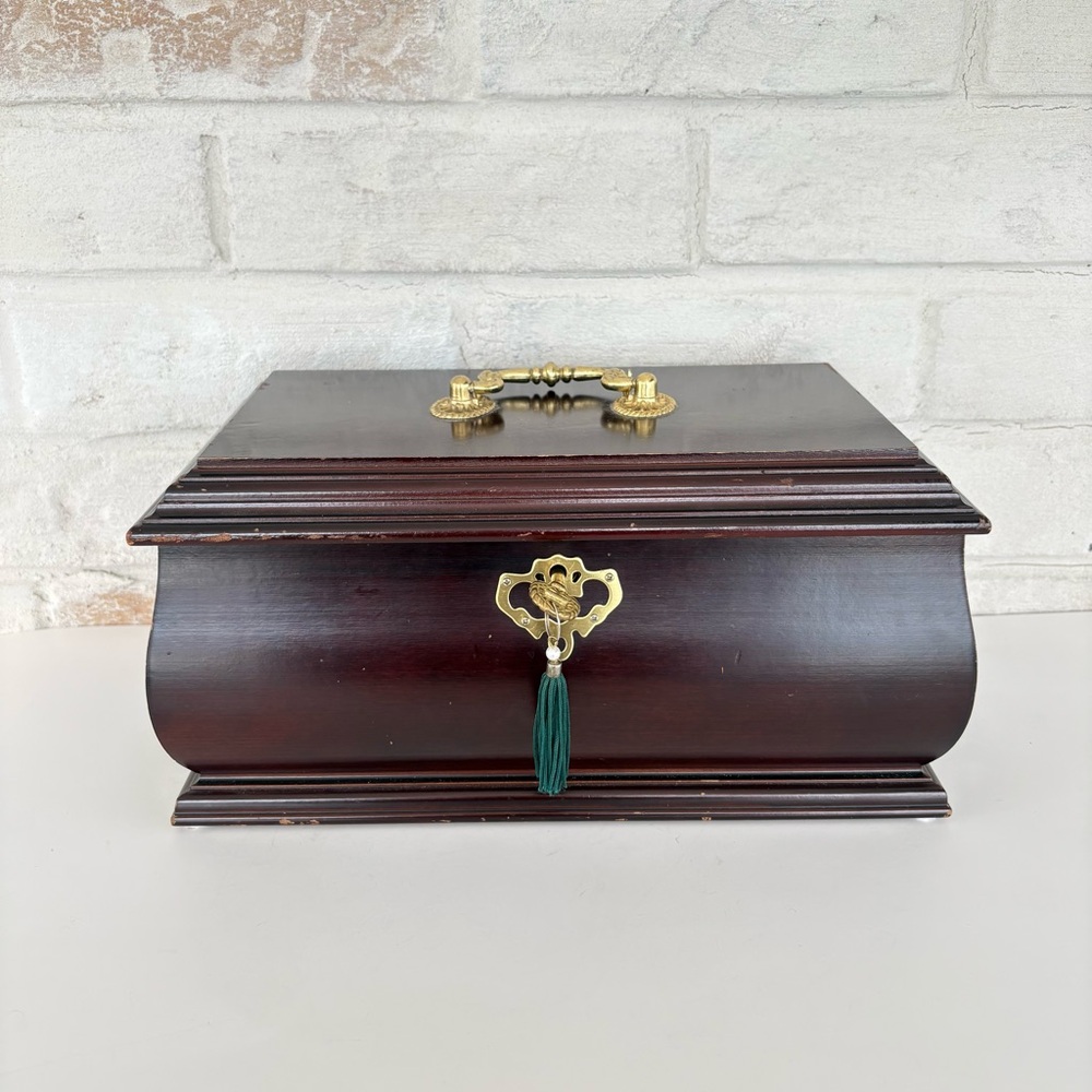 1970s Gunther Mele Wooden Chest Style Jewelry Trinket Box Lock Key